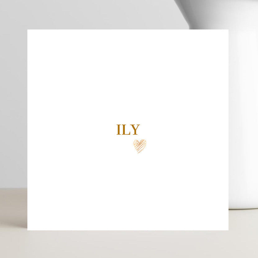 ILY Valentine’s Day card with gold heart accent in corner