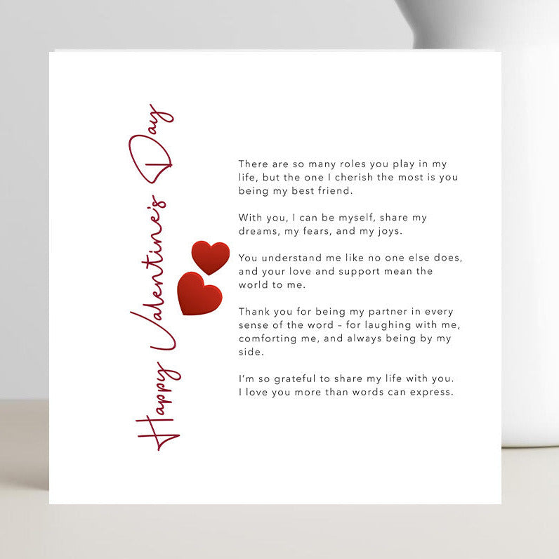 Valentine's Day card with hearts and text on a white background