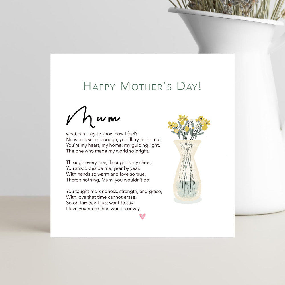 Mother’s Day greeting card with emotional poem about love and gratitude for mum