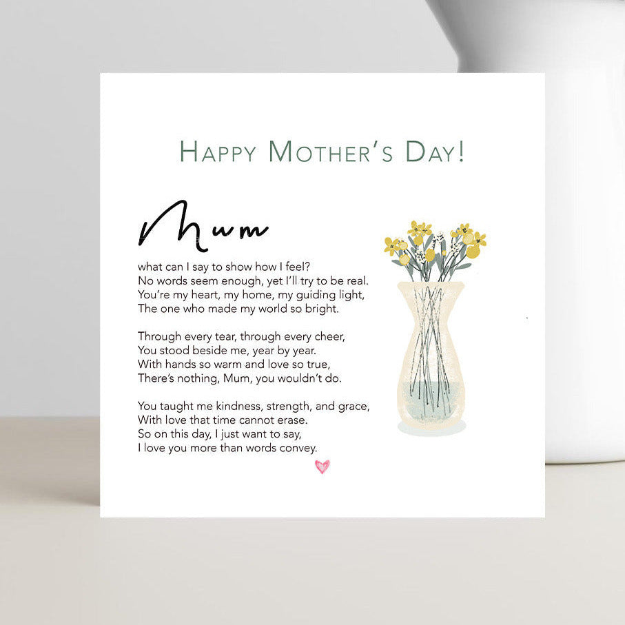 Mother’s Day greeting card with emotional poem about love and gratitude for mum