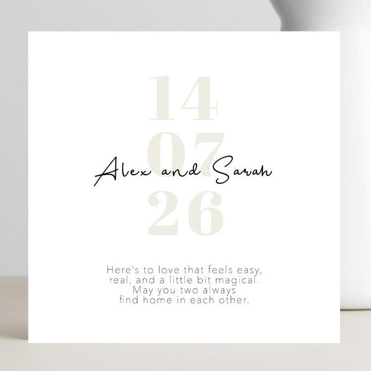 Minimalist wedding card with romantic find home in each other quote