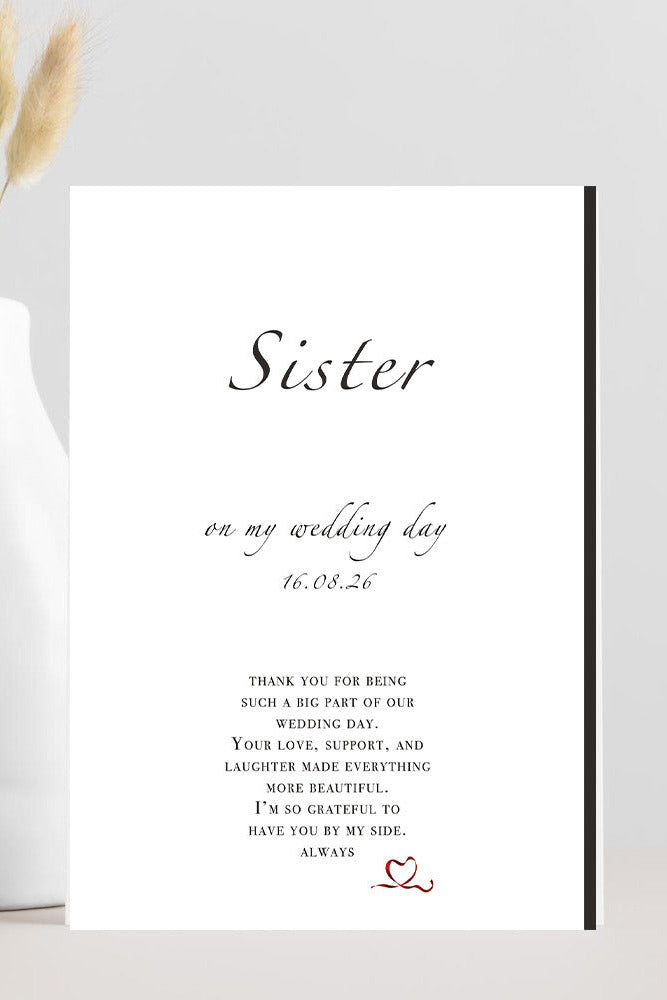 Wedding card titled “Sister, Thank You for Being Such a Big Part of Our Wedding Day” with elegant minimalist design and soft neutral tones — perfect sister thank-you card for wedding day.