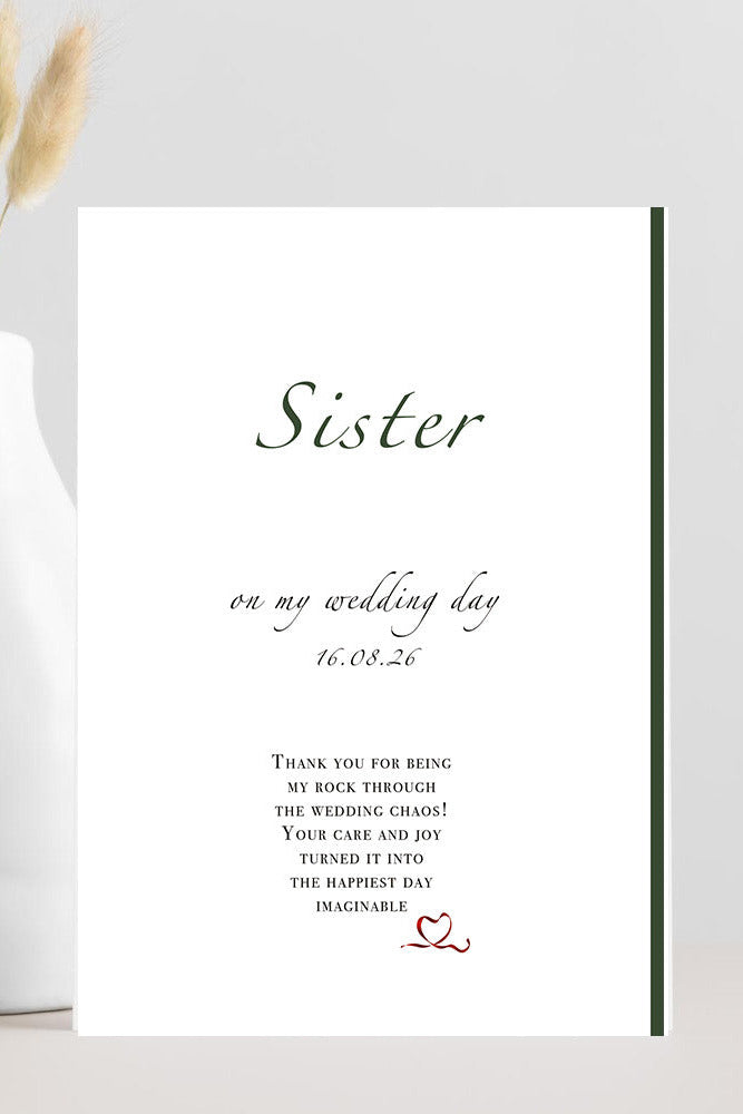 Wedding card titled “Sister, Thank You for Being My Rock” with elegant minimalist design and black right-hand trim — perfect sister card for wedding day.