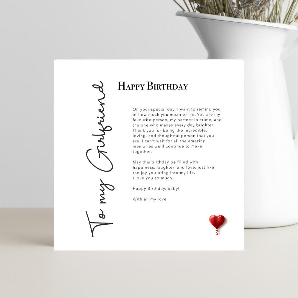 To my girlfriend, love note birthday card with small red heart.