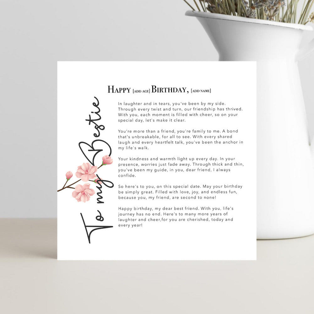 Happy Birthday Bestie card with sweet friendship message, designed to celebrate and make your best friend’s birthday extra special.