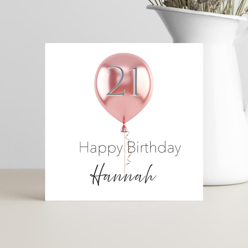 Personalised 21st birthday card with pink balloon design, customisable with name and message for a fun, colourful celebration.