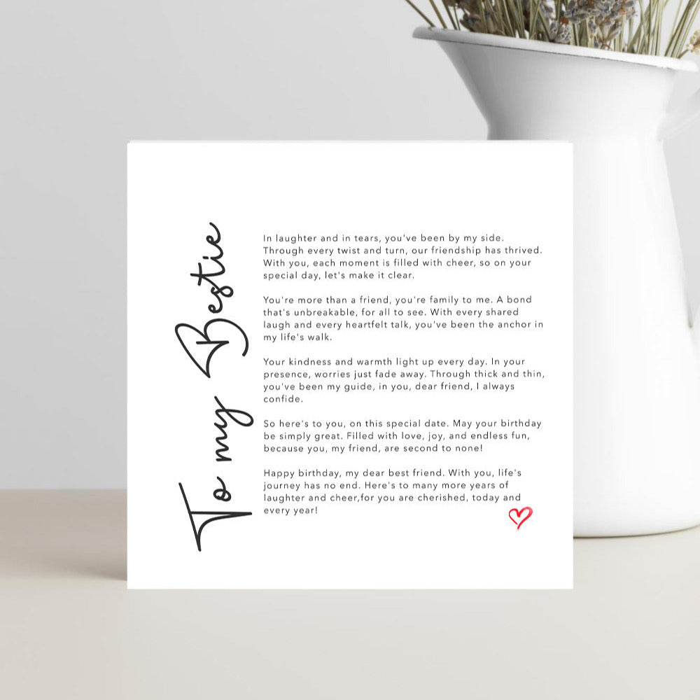 Greeting card with text 'To my Bestie' on a white background with verses of friendship and admiration for a BFF.