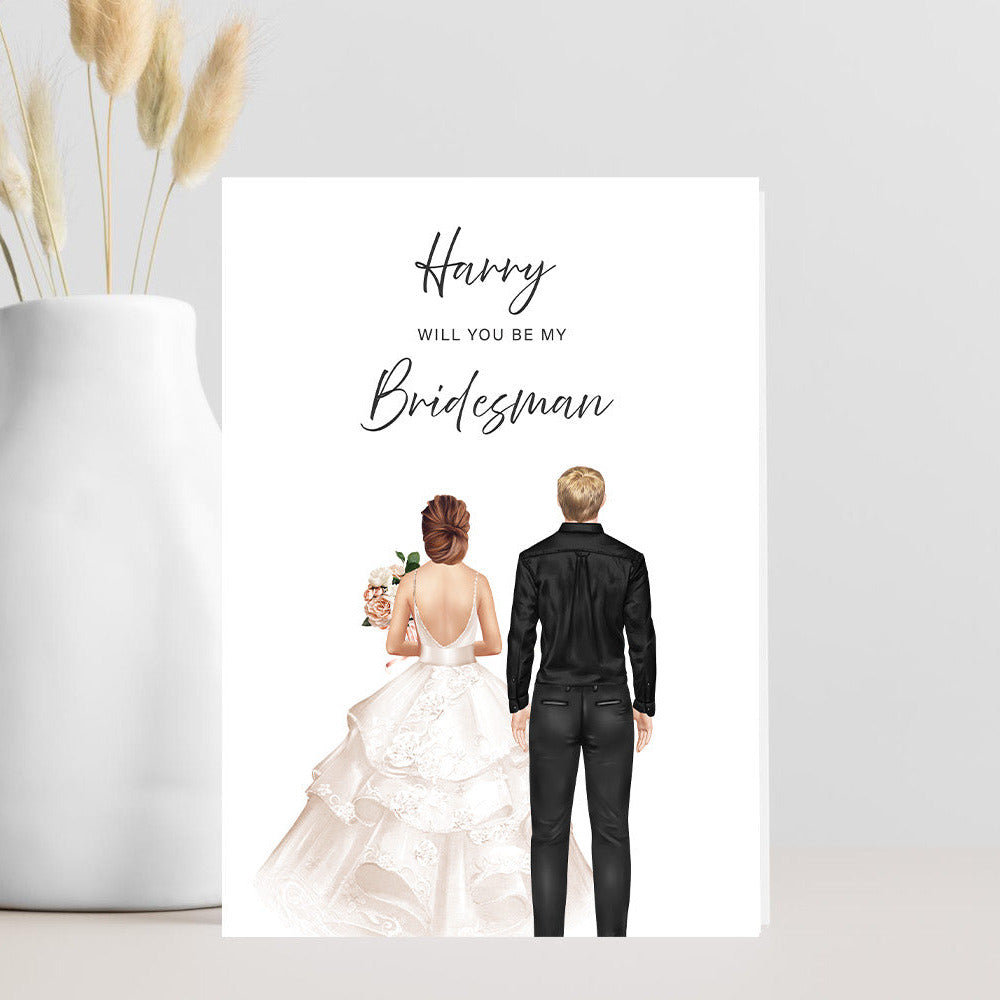 Illustrated “Will You Be My Bridesman?” card with custom bride and bridesman
