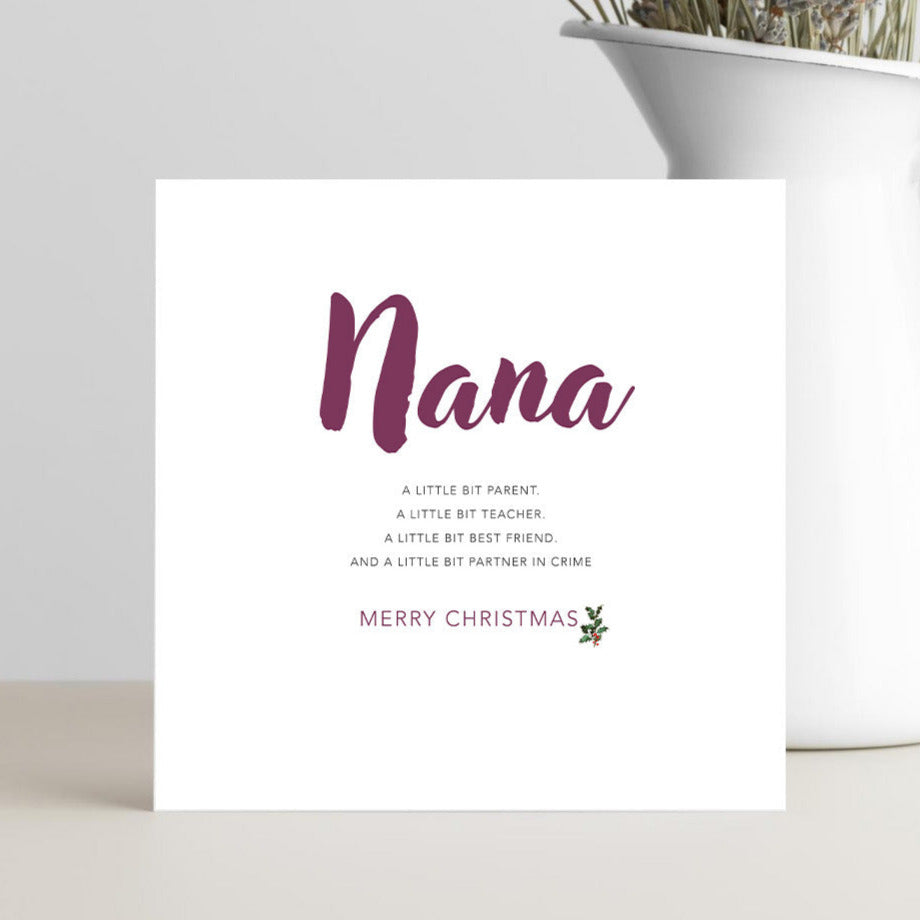 Tongue in cheek, Nana partner in crime Christmas card for grandmothers.
