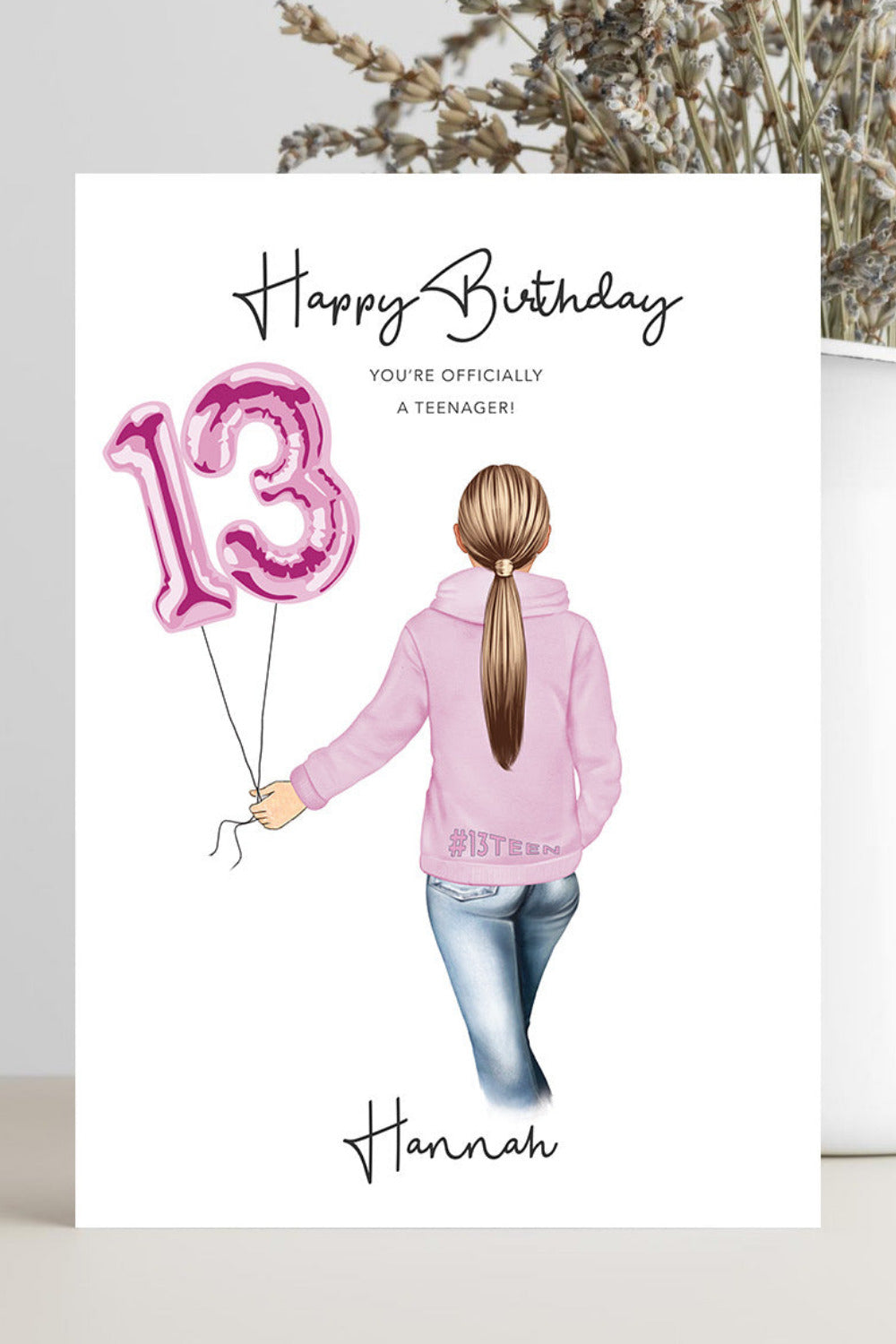 Teen girl 13th birthday card with custom colours and the caption “Happy 13th Birthday, you’re officially a teenager.