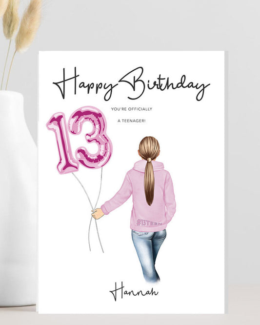 Teen girl 13th birthday card with custom colours and the caption “Happy 13th Birthday, you’re officially a teenager.