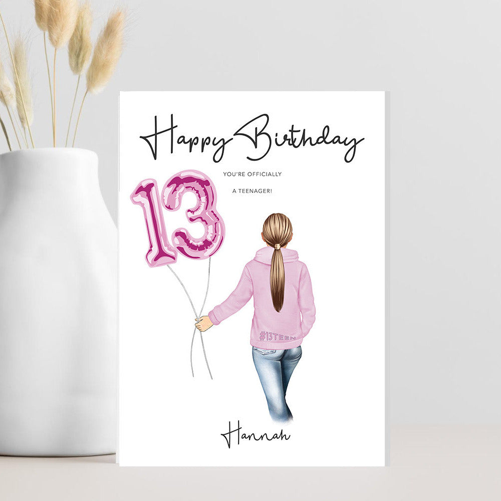 Teen girl 13th birthday card with custom colours and the caption “Happy 13th Birthday, you’re officially a teenager.