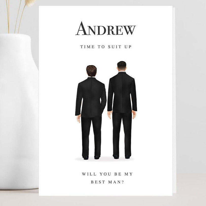 Greeting card with two men in suits and text asking if you will be their best man, on a light gray background.