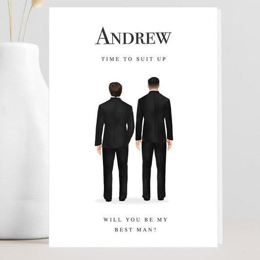 Greeting card with two men in suits and text asking if you will be their best man, on a light gray background.