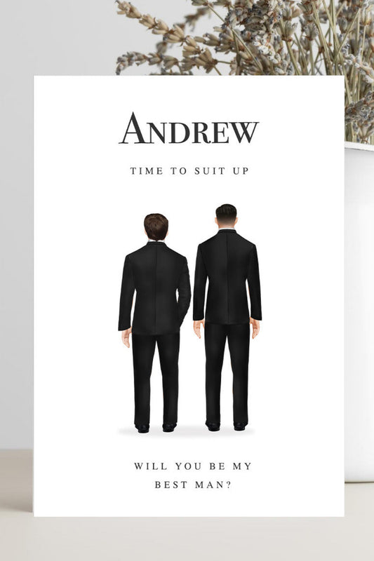 Personalised “Will You Be My Best Man” proposal card with custom outfits