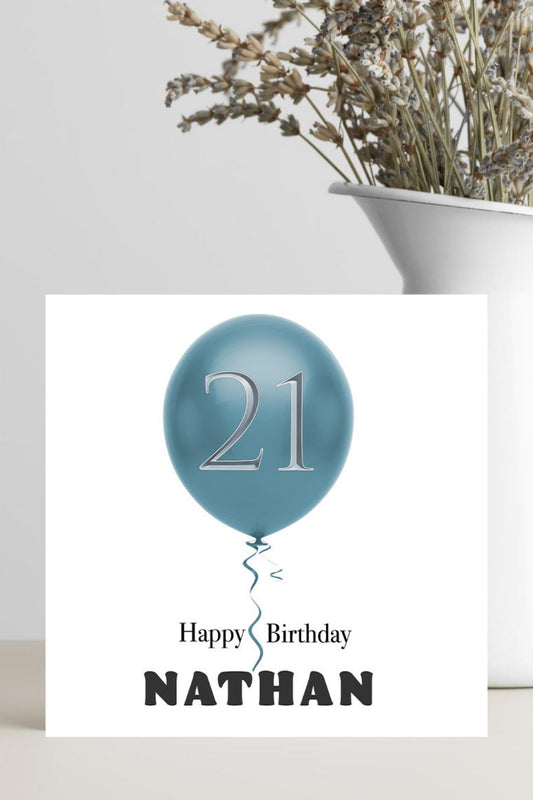 Birthday card with blue balloon and 'Happy Birthday Nathan' text.