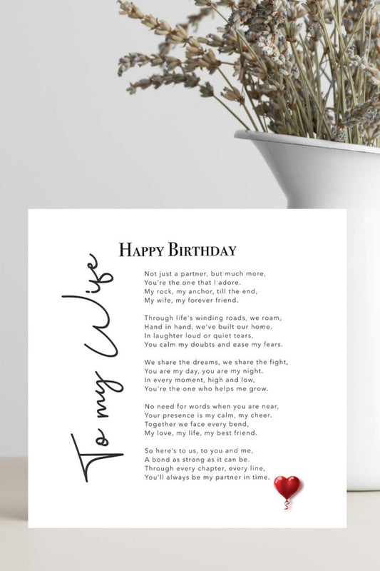Birthday card for wife featuring a romantic love poem, elegant design, and thoughtful message to express love and appreciation.