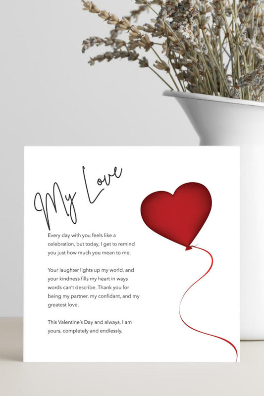 Greeting card with a heartfelt Valentine’s Day love note displayed on a clean, elegant background.