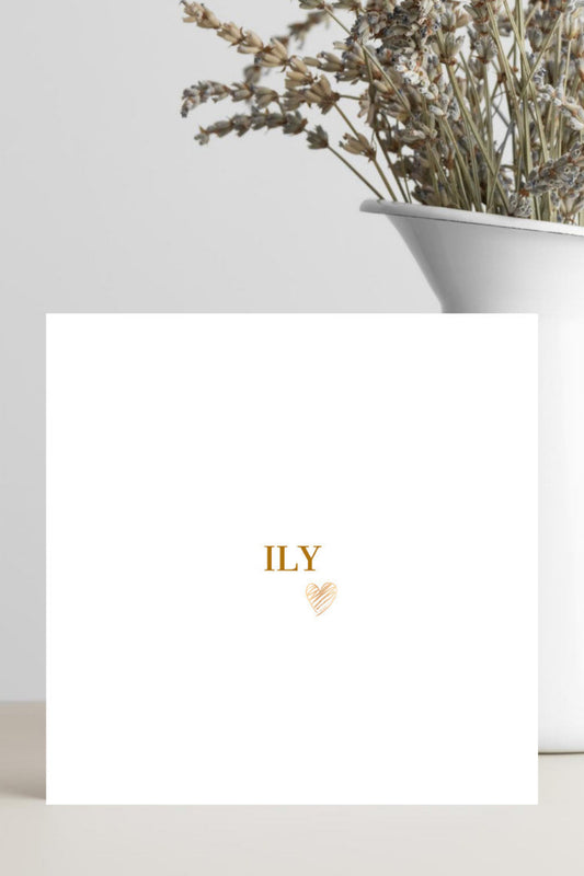 ILY Valentine’s Day card with gold heart accent in corner