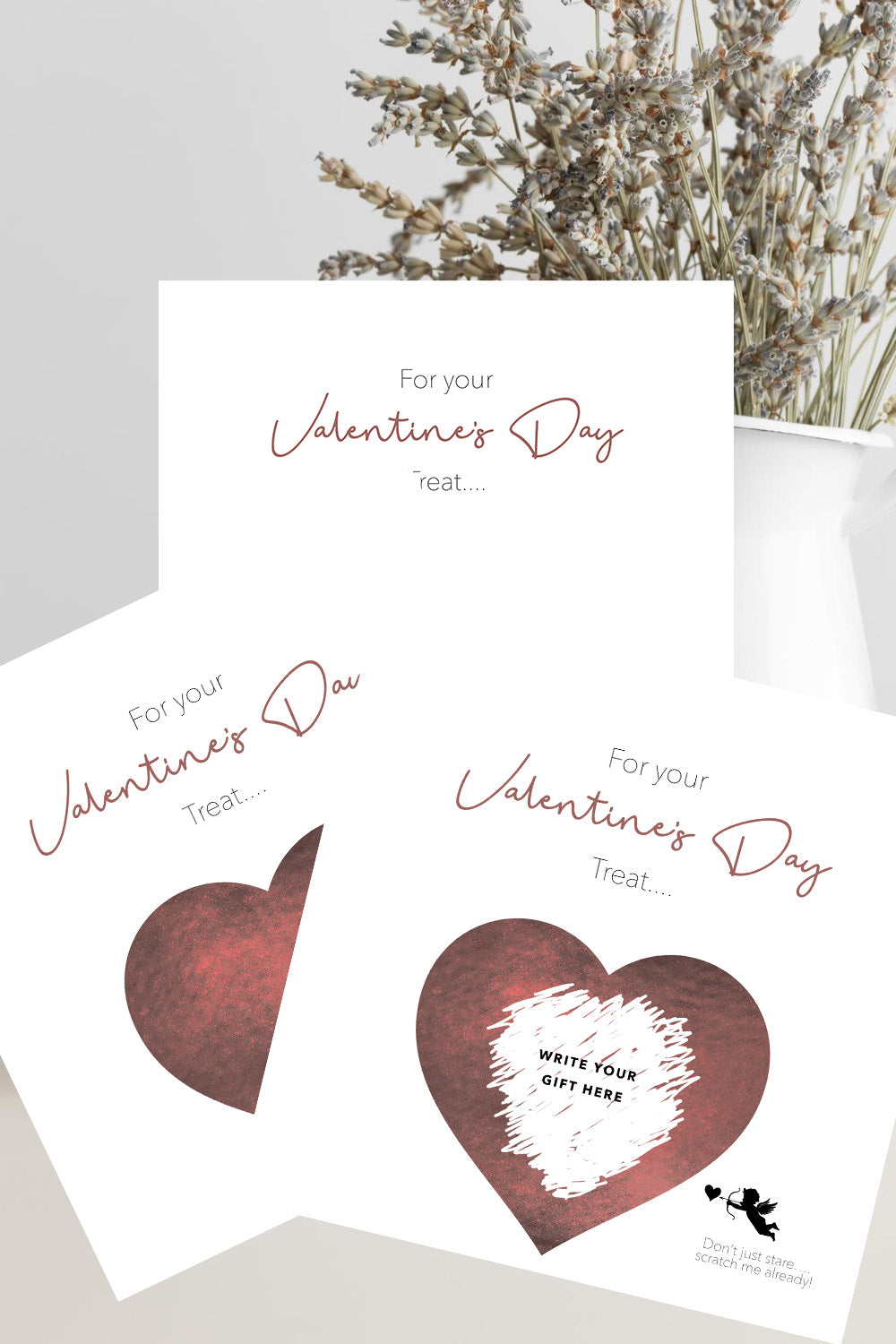 Valentine's Day scratch card with gold scratch-off heart, personalised hidden gift message, romantic surprise reveal, A6 card and kraft envelope.