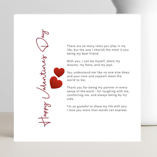 Valentine's Day card with hearts and text on a white background