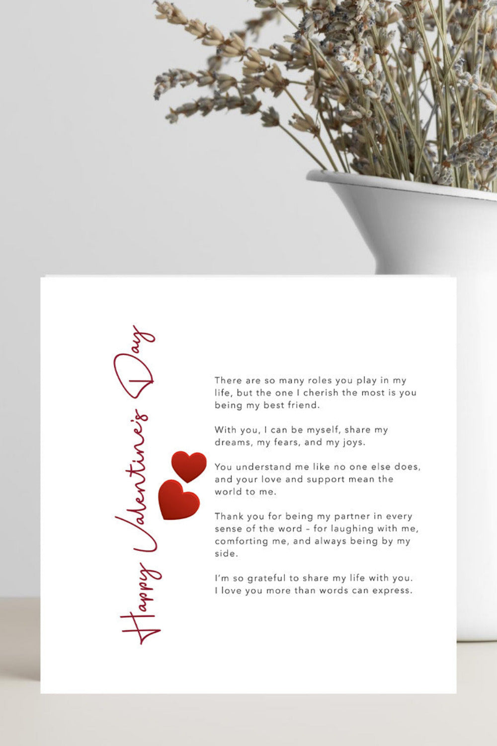 Valentine's Day card with hearts and text on a white background