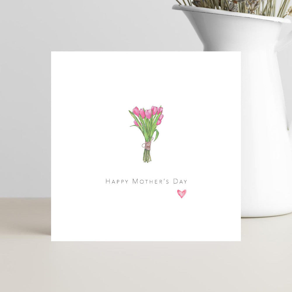 Mother’s Day greeting card with pink tulips and simple floral design