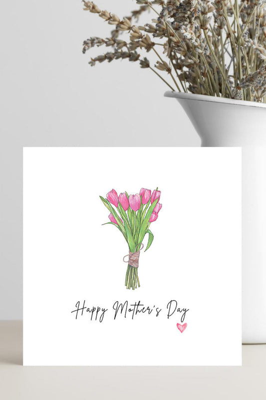 Mother’s Day greeting card with pink tulips and simple floral design