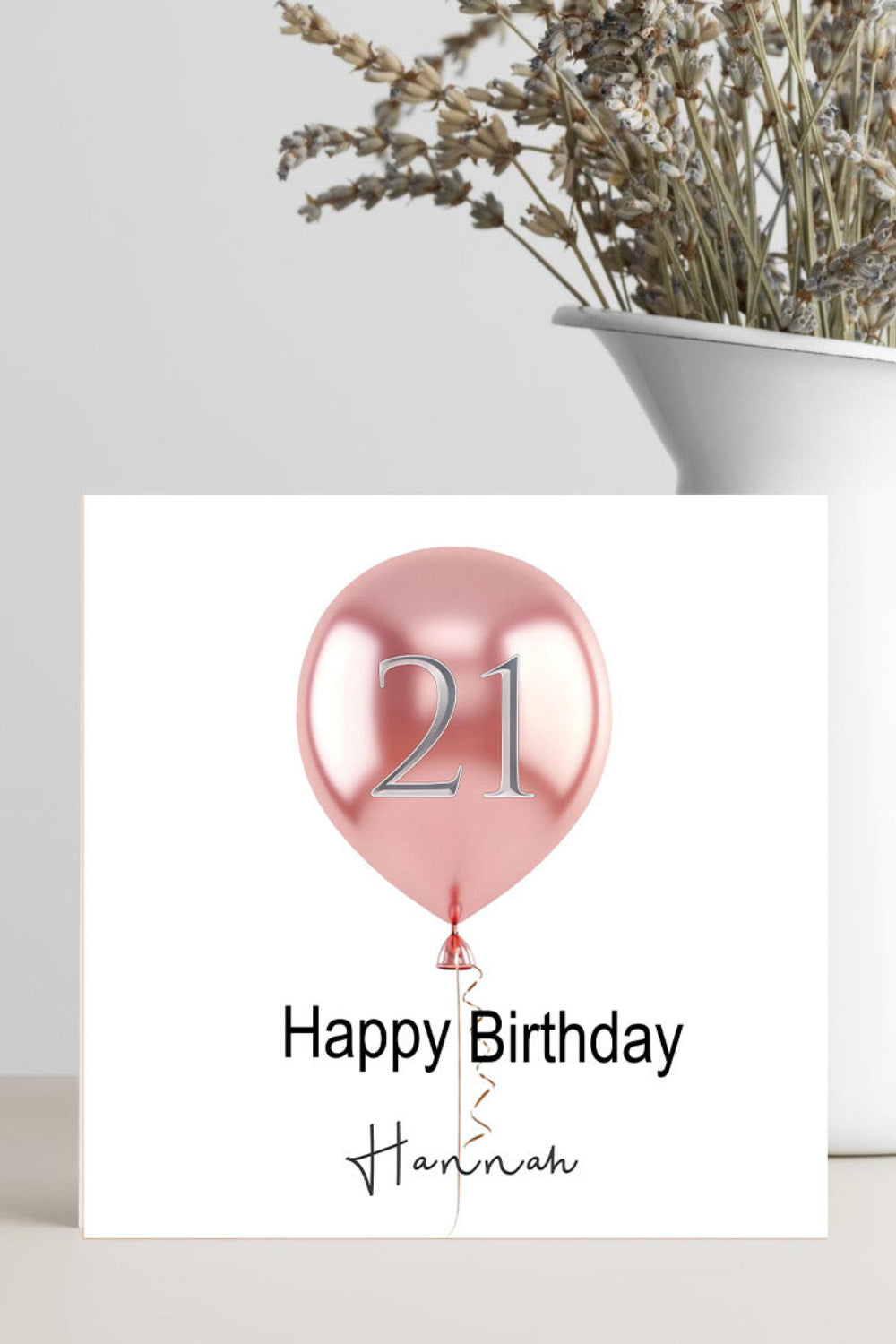 Personalised 21st birthday card with pink balloon design, customisable with name and message for a fun, colourful celebration.