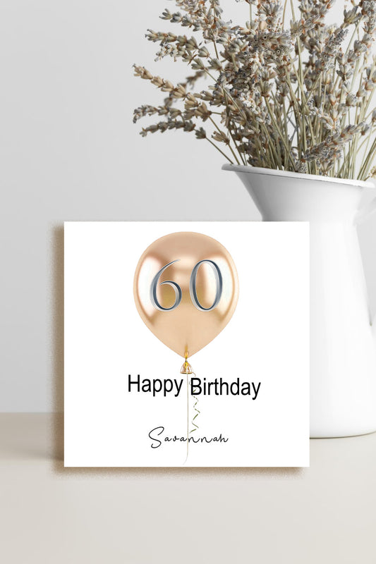 Personalised 60th birthday greeting card with colourful balloon design and custom name, handcrafted for a cheerful milestone celebration.