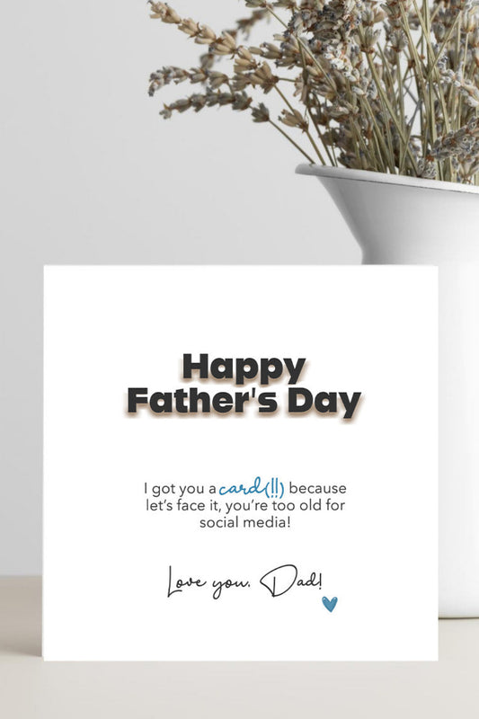 Father's Day card with text and a vase of dried flowers on a light background