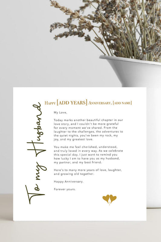 Anniversary card for a husband with decorative elements on a neutral background