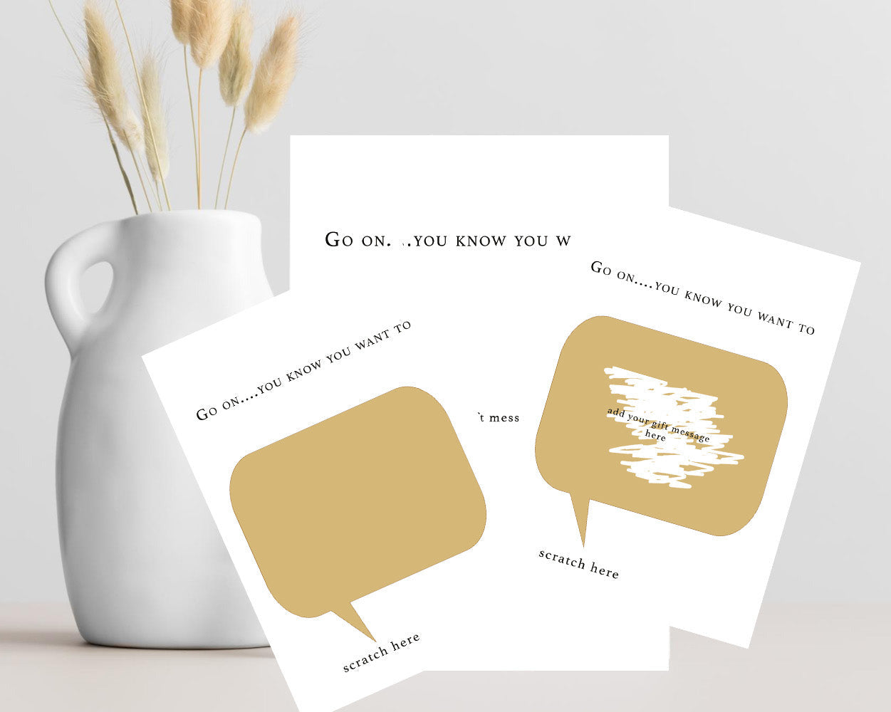 Personalised scratch card with "Go On, You Know You Want To... Scratch Here" text, gold scratch-off heart, hidden message, A6 card and kraft envelope.