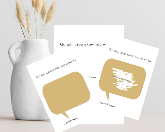 Personalised scratch card with "Go On, You Know You Want To... Scratch Here" text, gold scratch-off heart, hidden message, A6 card and kraft envelope.