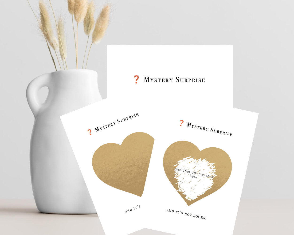 Personalised mystery surprise scratch card with gold scratch-off heart, hidden gift message, A6 card and kraft envelope.