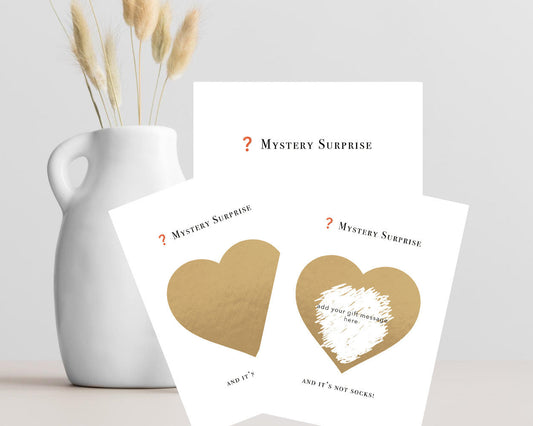 Personalised mystery surprise scratch card with gold scratch-off heart, hidden gift message, A6 card and kraft envelope.