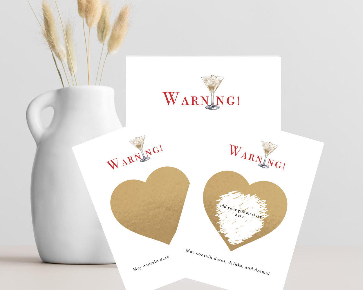 Personalised hen party scratch card with gold scratch-off heart, hidden dare challenge, A6 card and kraft envelope.