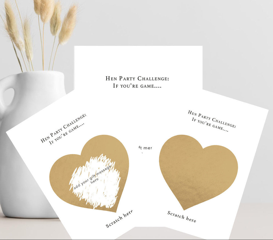 Personalised hen party challenge scratch card with gold scratch-off heart, hidden party dare, A6 card and kraft envelope.