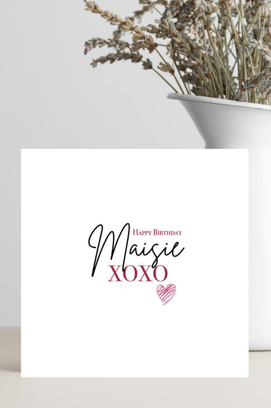 Square birthday card personalised with name and xoxo 