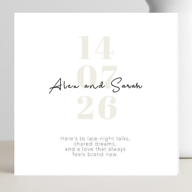 Minimalist wedding card with romantic late night talks caption