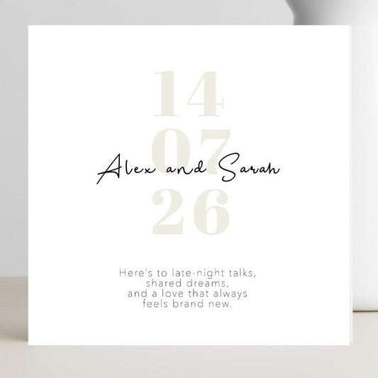 Minimalist wedding card with romantic late night talks caption