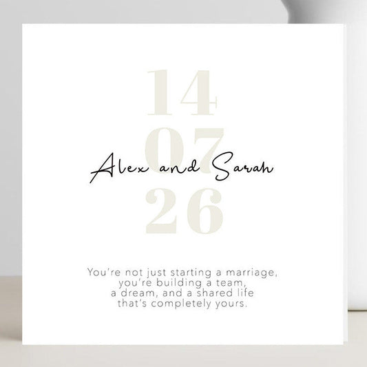 Minimalist wedding card with building a team marriage quote