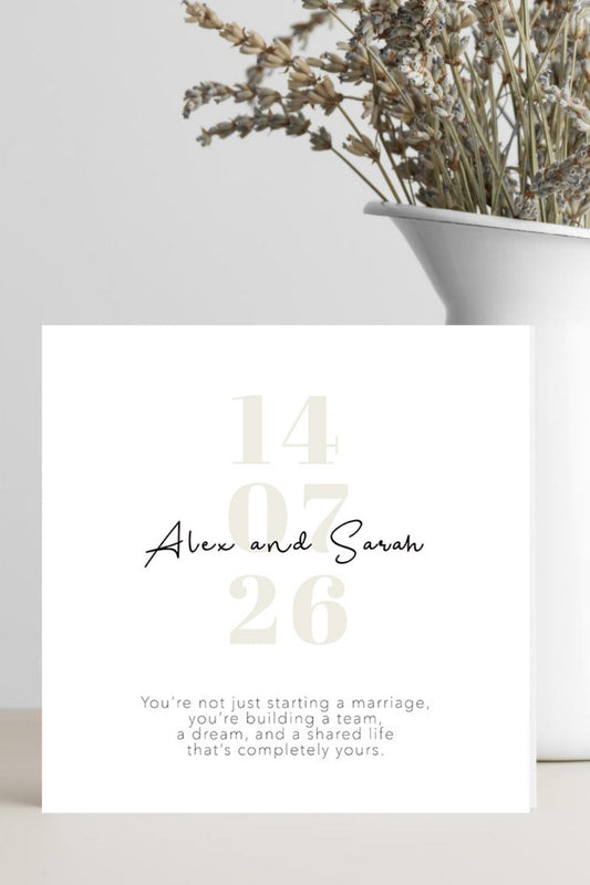 Minimalist wedding card with building a team marriage quote