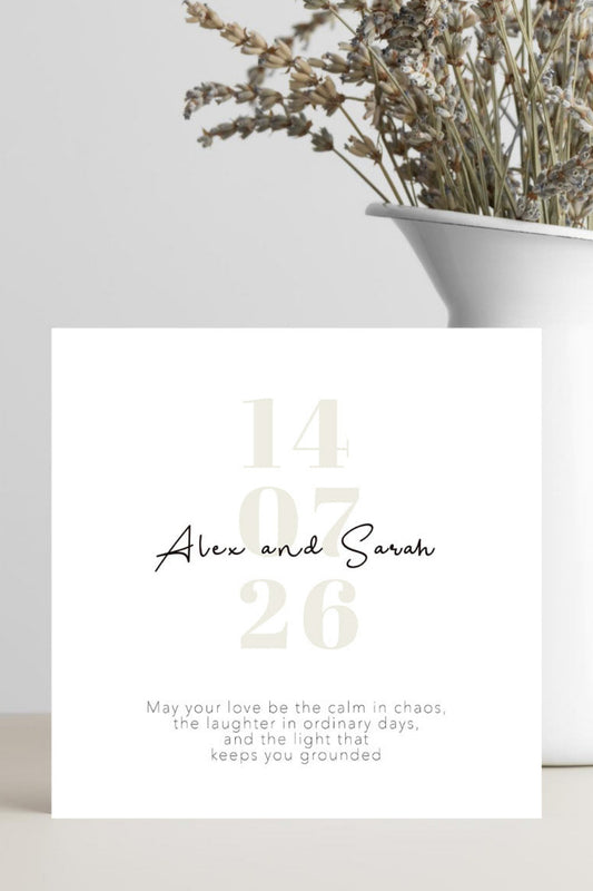 Personalised wedding card featuring romantic wording and customised with the couple’s names and wedding date.