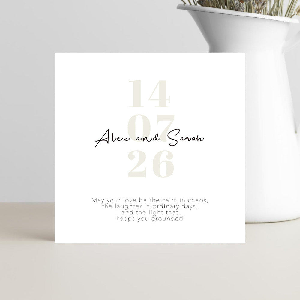 Personalised wedding card featuring romantic wording and customised with the couple’s names and wedding date.