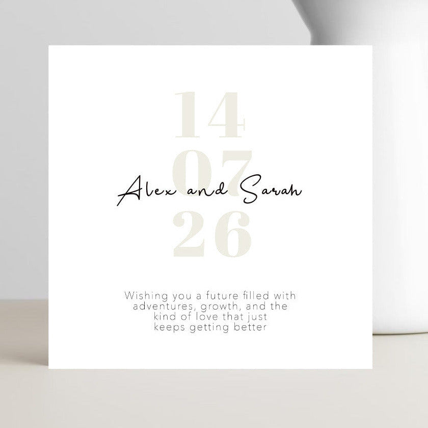 Personalised wedding card with romantic wording, customised with the couple’s names and wedding date.