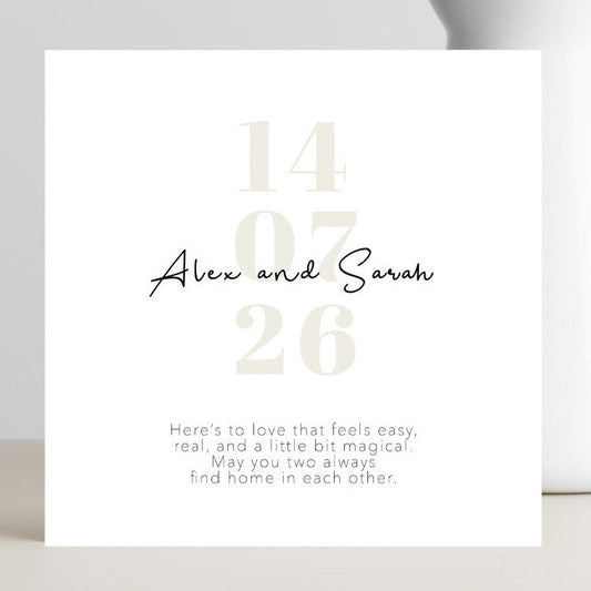 Minimalist wedding card with romantic find home in each other quote