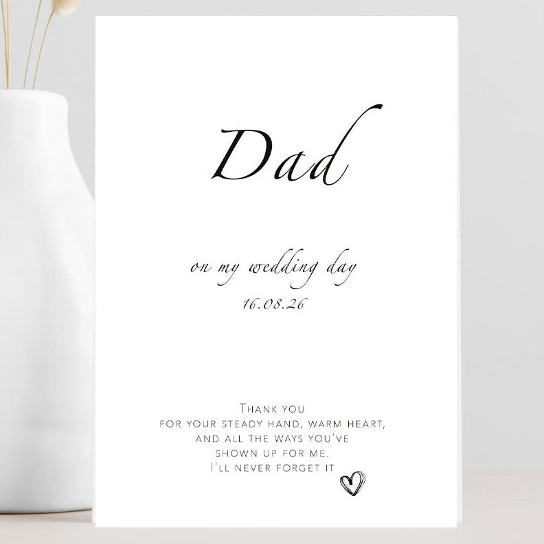 Wedding thank you card for Dad with the caption “Dad, thank you for your steady hand and warm heart”