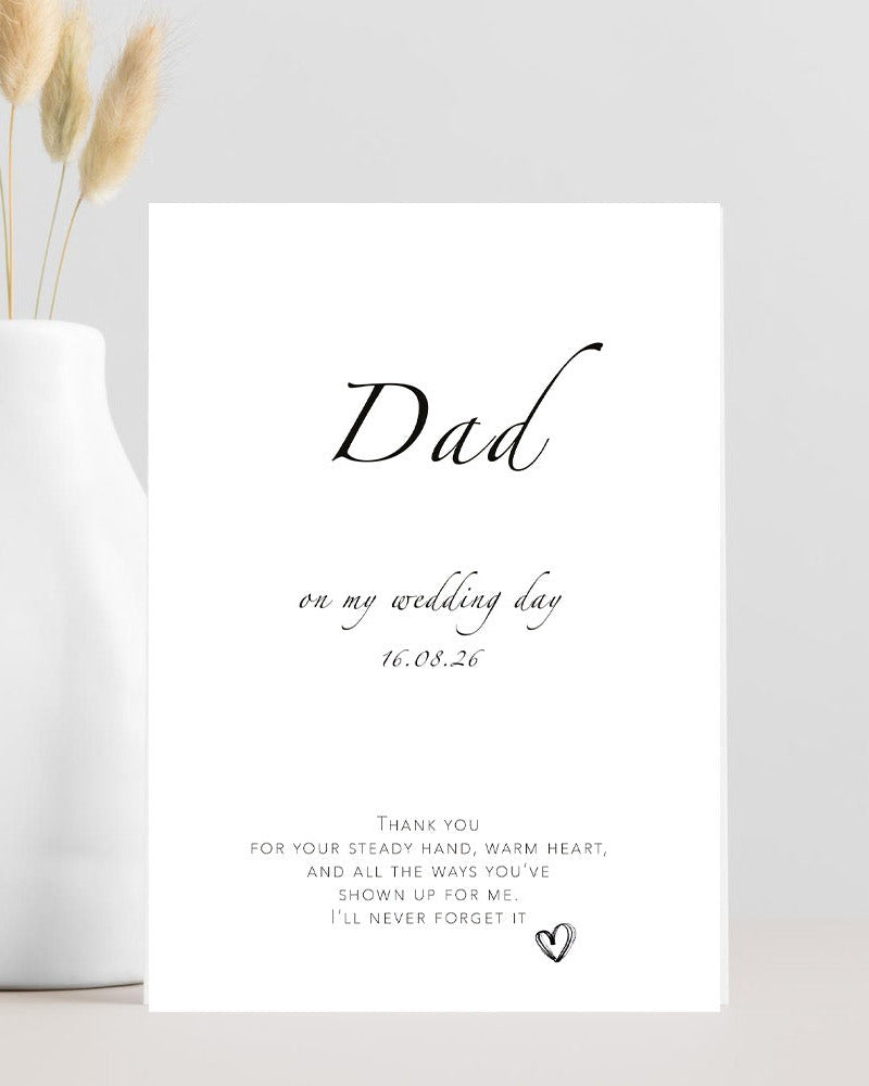 Wedding thank you card for Dad with the caption “Dad, thank you for your steady hand and warm heart”
