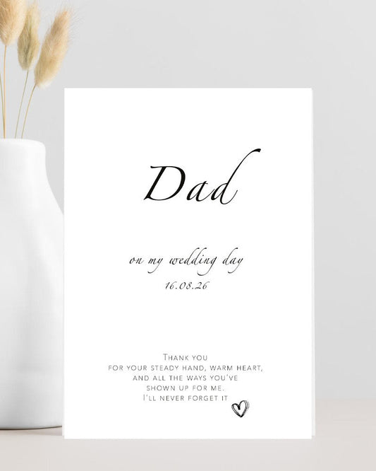 Wedding thank you card for Dad with the caption “Dad, thank you for your steady hand and warm heart”